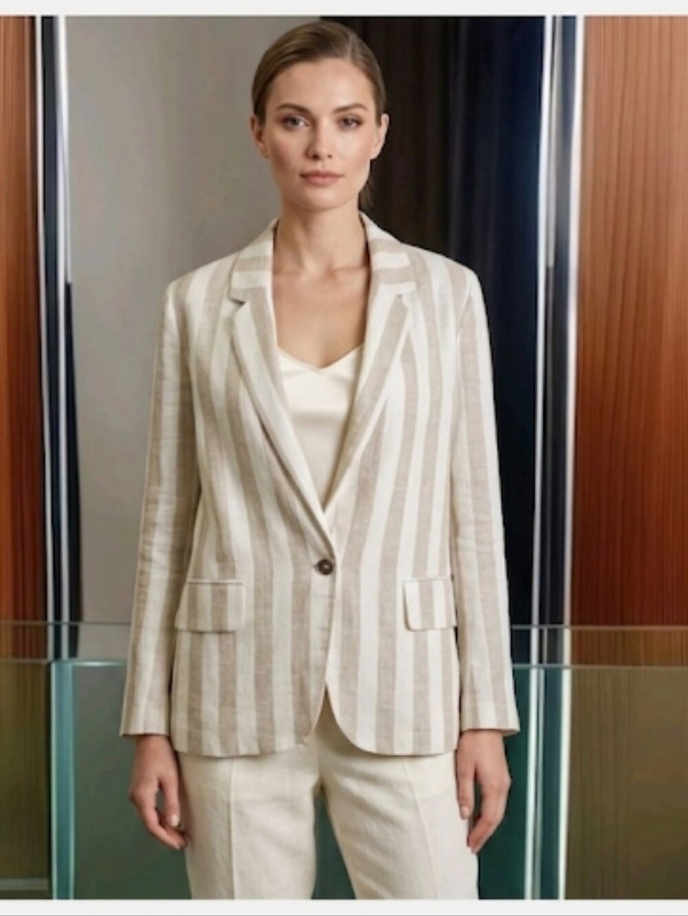 Gimmicks Women's Size M Stripe Jacket 100% Linen Beige One Button